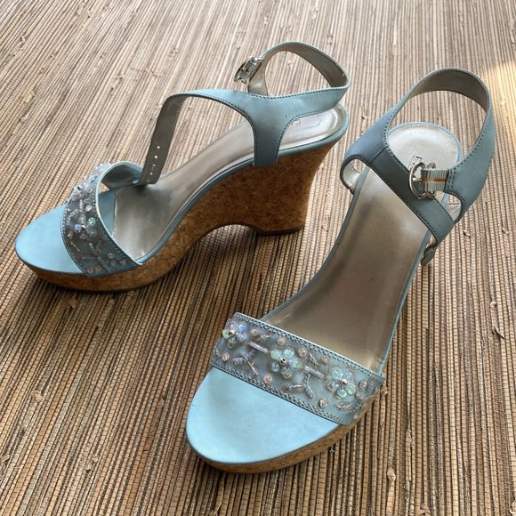 Fioni Baby Blue Satin Shoes with Embellishments & Cork-Wedge Sandals - Size 11W - Picture 6 of 10